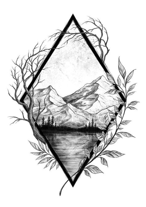 Mountain Mandala Tattoo, Geometric Nature Tattoo, Tattoo Berge, Waterfall Tattoo, Berg Tattoo, Mountain Tattoos, Simple Tattoos For Guys, Boho Tattoos, Tattoo Zeichnungen