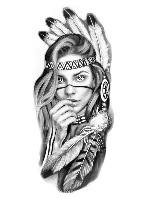 Indian Women Tattoo, Native Indian Tattoos, Indian Girl Tattoos, Native American Tattoo Designs, Indian Tattoo Design, Native American Girl, Chicanas Tattoo, Catrina Tattoo, American Indian Tattoos