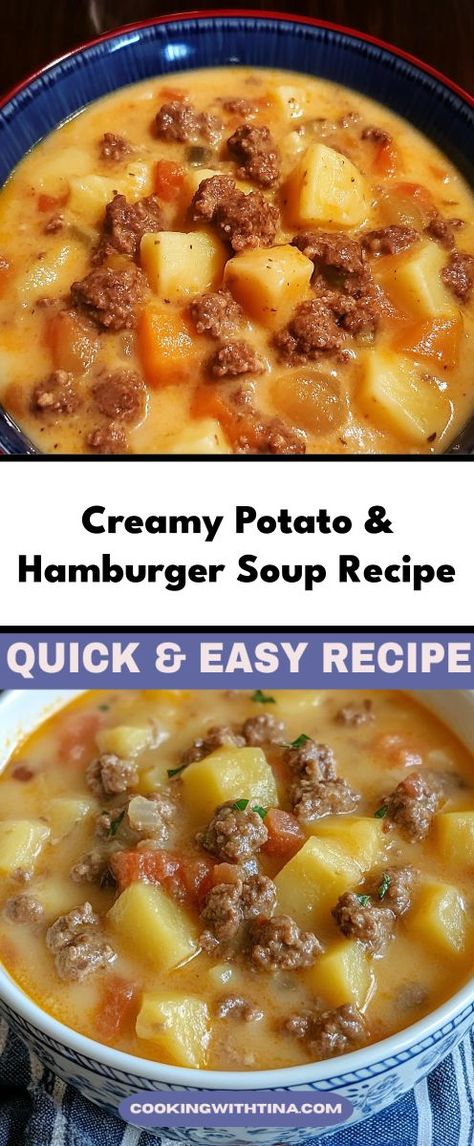 Enjoy a bowl of creamy potato and hamburger soup, featuring a blend of fresh potatoes, seasoned beef, and a smooth, savory broth. This dish is simple to make and satisfying to eat.