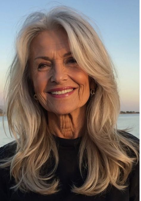 Long Hairstyle Women Round Face, Medium Length Hair Styles For Seniors, Farah Fawcett Hairstyle Modern, Hair For Seniors Older Women, Long Layers Hair Styles, Short Hair On Older Women, Long Heavy Hair Hairstyles, Blond Over 50, Medium Layers For Long Hair