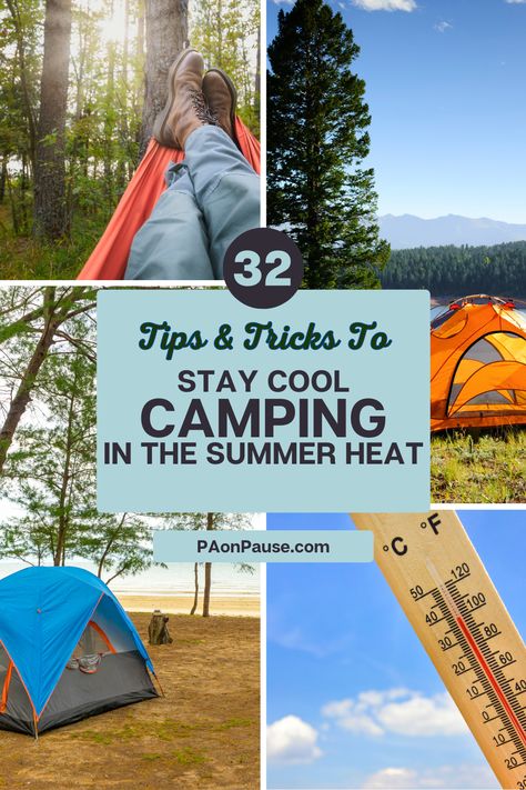 These 32 practical and useful tips for how to stay cool while camping will have you beating the heat and enjoying your trip during the dog days of summer! How To Stay Cool While Camping, Staying Cool While Camping, How To Stay Cool In The Heat Outside, Staying Cool In Summer The Heat, Cold Camping, Sleeping Bag Liner, Dog Days Of Summer, Packing Essentials, Summer Camping