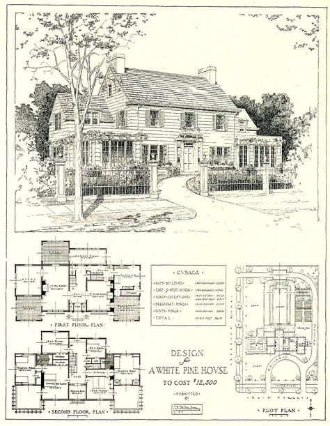 Content in a Cottage: 1917 1917 Architectural Design for a $12,500 House. Two sleeping porches on the second floor. Landscape design included. Back to the basics home design. 1920s Houses, Vintage Floor Plans, Farmhouse Floor Plans, Sleeping Porch, 1920s House, Houses Plans, Vintage House Plans, Casa Vintage, White Pine