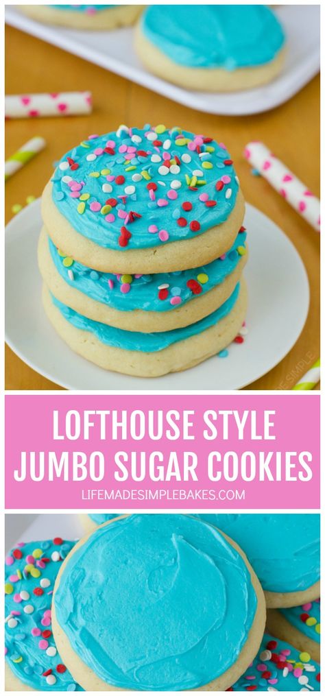 These lofthouse style jumbo sugar cookies are sure to become a family favorite! Not only are they extra thick and soft, but they have amazing flavor too! #lofthousestylejumbosugarcookies #sugarcookies #lofthousesugarcookies #jumbosugarcookies #softsugarcookies Loft House Sugar Cookies, Thick Soft Sugar Cookies, Loft House Cookies Recipe, Loft House Cookies, Lofthouse Sugar Cookies Recipe, Jumbo Cookies, Swig Sugar Cookies, Lofthouse Sugar Cookies, Pastel Desserts