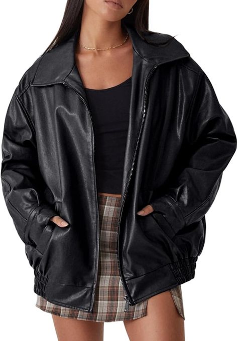 XZXTOGO Oversized Leather Jackets for Women Fall Fashion Outfits Faux Leather Motorcycle Bomber Winter Coat Trendy, Black XL at Amazon Women's Coats Shop Amazon Leather Jacket, Going Out Jackets For Women, Oversized Leather Jacket Outfits, Arizona Fits, Jackets For Women Fall, Black Racer Jacket, Oversized Black Leather Jacket, Leather Jacket Outfit Winter, Cute Leather Jacket