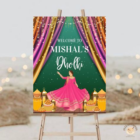 Welcome your guests with this Dholki Welcome Sign that features a Hand drawn image of a bride! Head over to FullahPrints on Etsy for more! Dholki Sign, Wedding Signage Template, Bride Mehndi, Bride Head, Mehndi Night, Beach Instagram Pictures, Curtain Lights, Printed Invitations, Wedding Signage