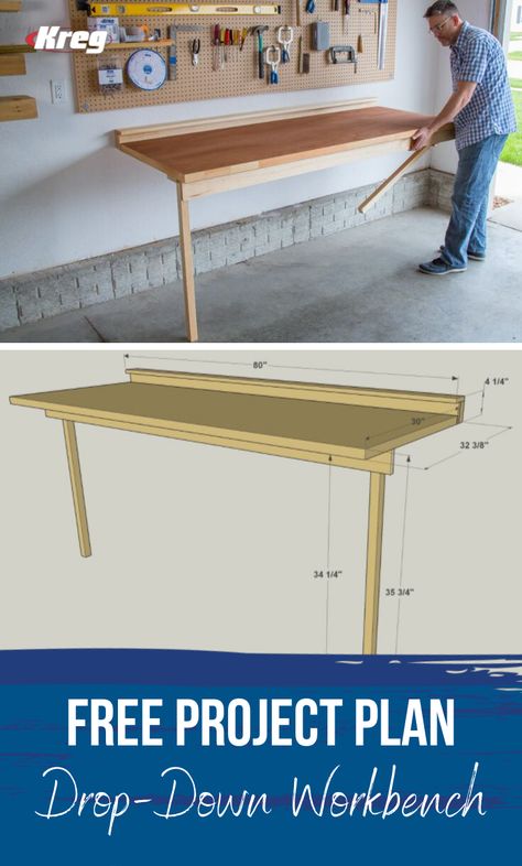 No shop is complete without a workbench, but not everyone’s shop space allows room for a big, freestanding bench. This bench offers a sturdy place for all your shop chores, and folds down flat against the wall when not in use to save space. CLICK PIN FOR THE FREE PROJECT PLAN! Fold Down Work Bench, Diy Projects Garage, Garage Workbench Plans, Folding Workbench, Garage Organization Tips, Fold Down Table, Workbench Plans Diy, Garage Storage Shelves, Woodworking Bench Plans