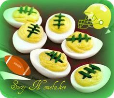 Packer football deviled eggs.Sure to be a hit at your next party! GO PACK GO!!! Sweet Deviled Eggs Recipe, Party Deviled Eggs, Packer Party, Football Shaped Foods, Sandwich Vegetarian, Football Foods, Super Bowl Ideas, Super Bowl Party Ideas, Football Snacks