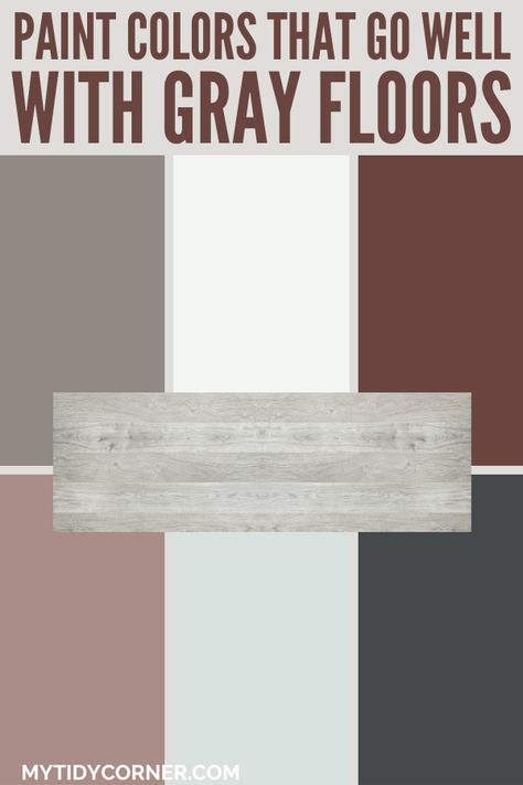 Collage of the top paint colors that match gray floors. Wall Colors For Grey Floors, Wall Colors To Match Gray Flooring, Gray Flooring Living Room Colour Schemes, Wall Colors For Gray Floors, Colors That Compliment Grey, Different Wall Colors, Grey Painted Floor, Laminate Flooring On Walls, Grey Flooring Living Room