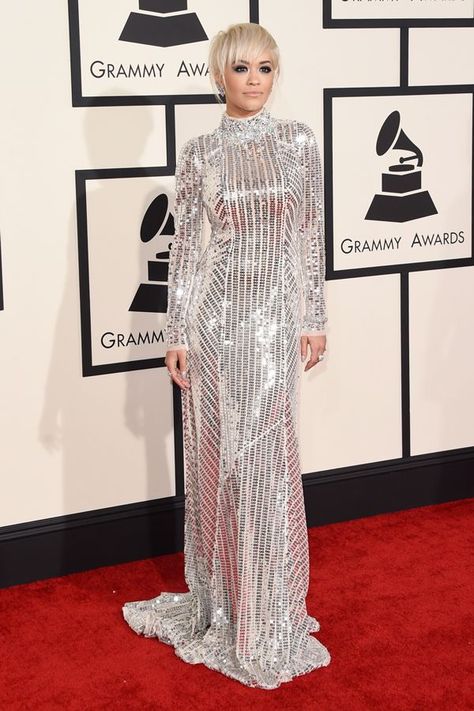 Grammys 2015, Grammy Red Carpet, Grammy Awards Red Carpet, Grammys Red Carpet, Long Sleeve Gown, Rita Ora, Celebrity Look, Silver Dress, Grammy Awards