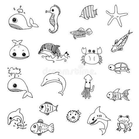 Aquatic animals drawn vector royalty free illustration Seahorse Doodle, Line Doodles, Animal Doodles, Tutorials Drawing, Water Animals, Aquatic Animals, Free Illustration, Black Line, Animal Sketches