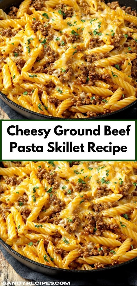 Need an effortless dinner recipe? The Cheesy Ground Beef Pasta Skillet is your go-to dish! With minimal prep and cook time, it’s a delicious and satisfying meal that guarantees smiles at the dinner table. Ground Beef Pasta Skillet, Beef Ground Recipes, Cheesy Ground Beef Pasta, Tasty Ground Beef Recipes, Healthier Pizza, Cheesy Ground Beef, Beef Dinner Ideas, Ground Recipes, Pasta Skillet