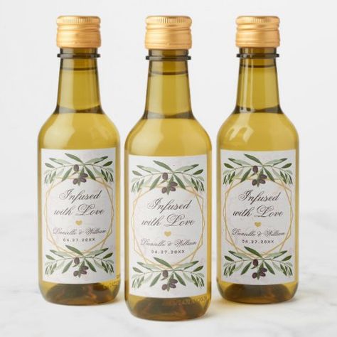 $12.75 | Olive Oil Wedding Favors Infused with Love Foliage #olive oil wedding favors, infused with love, foliage, botanical geometric, green leaves and black olives, gold heart, elegant calligraphic script, greenery, white marble, olive branch Oil Wedding Favors, Olive Oil Wedding Favors, Wedding Favors Packaging, Infused With Love, Wedding Script, Nature Inspired Wedding, Foliage Wedding, Gold Color Scheme, Diy Bridal