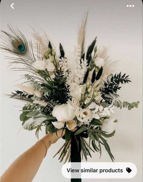 Wedding Flowers Dark Green Theme, Black White Champagne And Greenery Wedding, Emerald Green And Black Wedding Flowers, Anemone And Pampas Bouquet, Green And Black Wedding Bouquets, Black And Sage Wedding Centerpieces, Black And White Boho Wedding Bouquet, Black Pampas Bouquet, Black Ivory And Sage Wedding