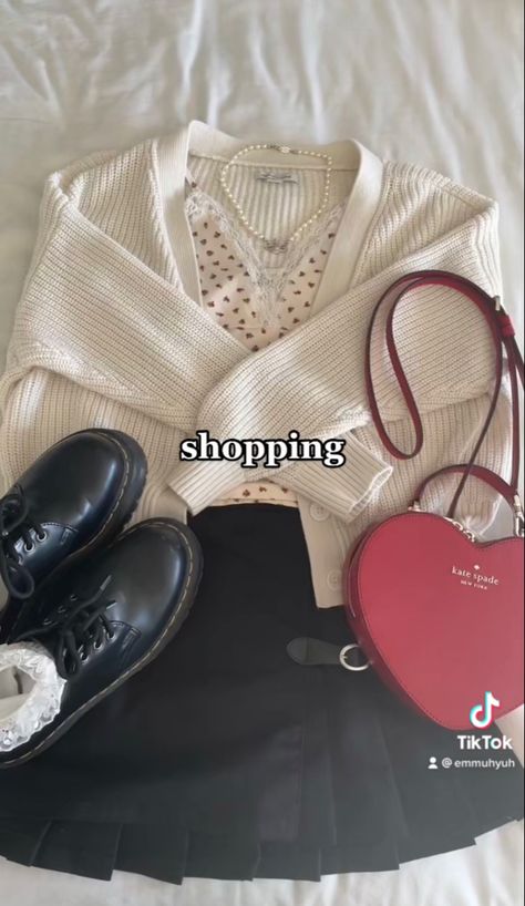 1461 Platform Dr Martens, Kate Spade Purse Outfit, Mini Bas Relief Choker, Red Heart Purse, 1461 Platform, Cream Cardigan Outfit, Black Pleated Skirt Outfit, Vivienne Westwood Mini Bas Relief, Platform Dr Martens