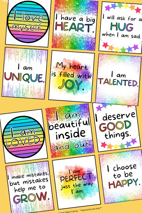 110 Positive Affirmations For Kids (With Printable Cards) Kids Affirmations Free Printable, Positive Notes For Kids, Carnival Stalls, Printable Affirmations For Kids, Affirmations Classroom, Affirmations For Kids Printable, Free Printable Affirmation Cards, Positive Affirmation Cards Printable, Kid Affirmations