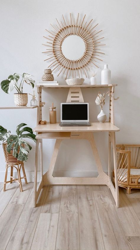 A wooden work from home desk with shelves. A home office set up. Apartment Desk Ideas, Unique Desk Ideas, Home Desks, Apartment Desk, Dream Home Office, Small Standing Desk, Wfh Desk, Create A Home Office, Office Design Trends