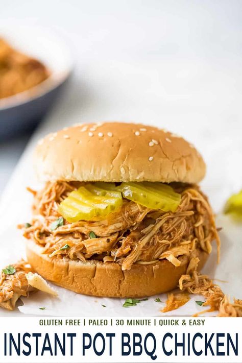 An Easy Shredded Instant Pot BBQ Chicken Recipe that's fall apart tender, flavorful and incredibly saucy. This healthy dinner is ready in 30 minutes - perfect on top of sandwiches, sweet potatoes, salads and more. #instantpotrecipes #bbqchicken #chickenrecipes Instant Pot Bbq Chicken, Tuscan Salmon Recipe, Guacamole Bites, Bbq Chicken Recipe, Easy Bbq Chicken, Shredded Bbq Chicken, Bbq Chicken Recipes, Sweet Potato Hash, Easy Party Food