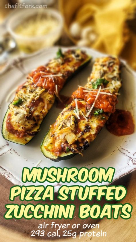 Mushroom Pizza Stuffed Zucchini Boats | thefitfork.com Mushroom Zucchini, Stuffed Zucchini Boats, Mushroom Pizza, Stuffed Zucchini, Zucchini Boats, White Mushrooms, Recipe Boards, Sliced Mushrooms, Air Frying