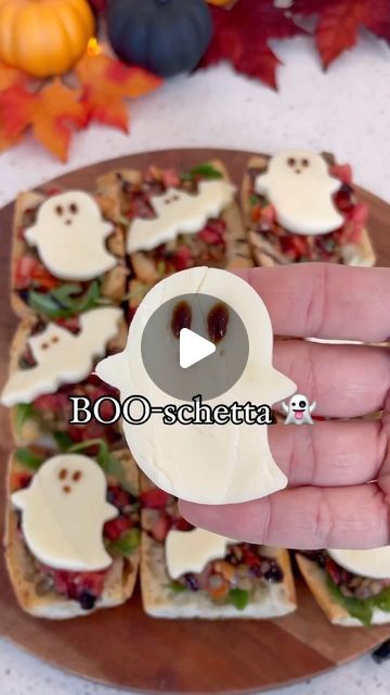 @thefeedfeed on Instagram: "@thesnowyblonde’s BOO-schetta is an easy appetizer recipe that is perfect for holiday parties 👻🎃

Get the details below and keep tagging #feedfeed for a chance to be featured.

HOW TO:
1. Slice french bread into 3-inch slices. Slice in half again.
2. Arrange on a baking sheet. Scoop out some of the bread if desired, and brush the top of the bread with olive oil.
3. Bake at 450F for 7 minutes.
4. Meanwhile, in a bowl mix together a container of Trader Joes bruschetta sauce and a bag of steamed lentils. Set aside.
5. Using halloween themed cookie cutters, slice mozzarella into spooky shapes.
6. Top the bread slices with arugula, the bruschetta mixture, balsamic glaze, and mozzarella cheese. 
7. Optional: use additional balsamic glaze to draw faces onto the chees Boo Schetta, Bruschetta Sauce, Steamed Lentils, Bread With Olive Oil, Halloween Charcuterie, Halloween Menu, Draw Faces, Halloween Food Treats, Fall Things