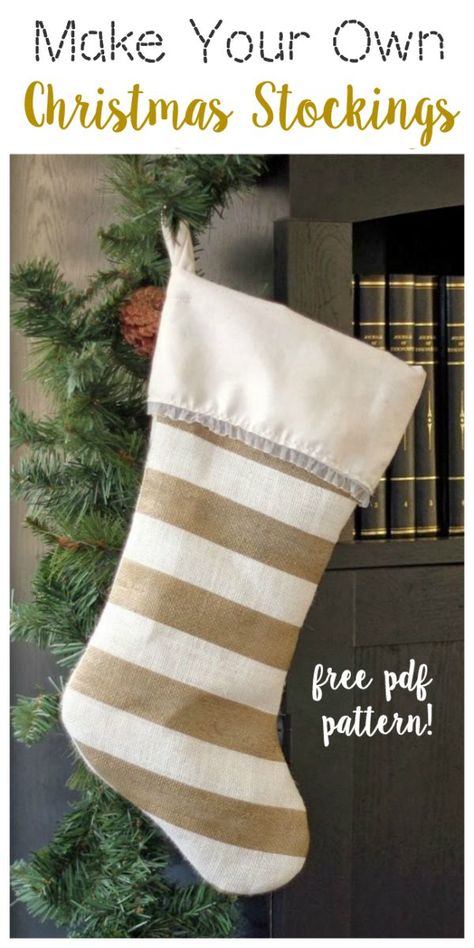 Make your own stockings this year with this free Christmas stocking pattern. A great beginning sewing project and they turn out so beautiful! Christmas Stocking Pattern Free, Stocking Pattern Free, Christmas Stockings Sewing, Burlap Stockings, Diy Stockings, Quilted Christmas Stockings, Christmas Sewing Projects, Christmas Stockings Diy, Painting Burlap