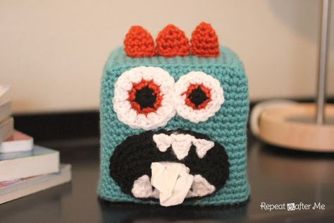 Crochet Monster Kleenex Box Cover Crochet Tissue Holder For Car, Box Crochet, Crochet Monster, Repeat Crafter Me, Yarn Ideas, Kleenex Box Cover, Household Objects, Crochet Monsters, Kleenex Box