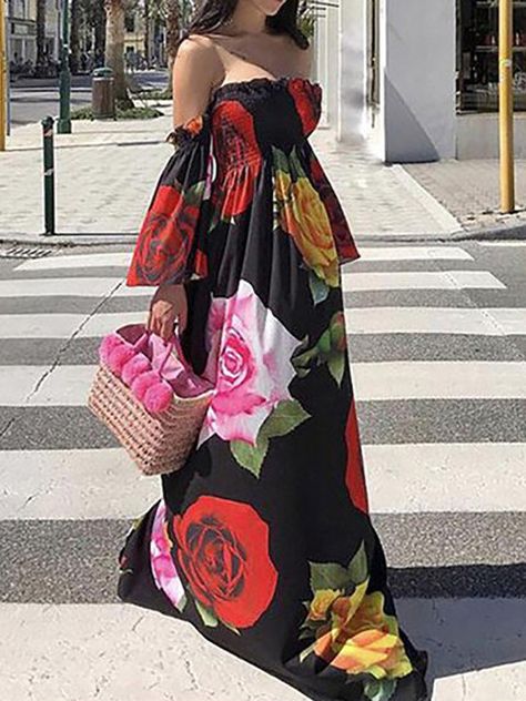 White Floor Length Dress, Poppy Print Dress, Black Floor Length Dress, Bohemian Beach Dress, Neck Flower, Black Poppy, Loose Maxi Dress, Poppy Print, Moda Chic