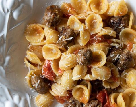 Orecchiette with Sausage and fresh Tomatoes. Pasta is always a fun dish to prepare. There are a million ways to prepare them. Food for the soul. Orecchiette Pasta Recipes, Orecchiette With Sausage, Orecchiette Recipes, Pasta With Peas, Pasta With Sausage, Italian Sausage Pasta, Tomatoes Recipe, Hot Sausage, Mild Italian Sausage