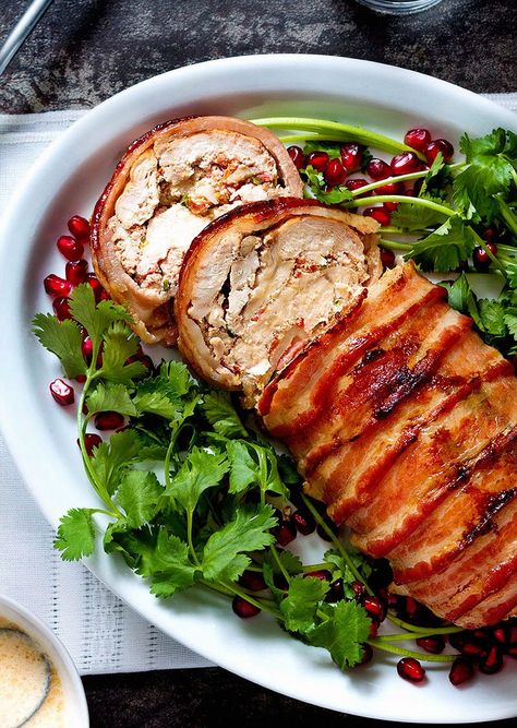 Roasted Bacon Chicken Breasts Stuffed with Dried Tomatoes and Cheese Recipe — Eatwell101 Xmas Dinner Recipes, Best Christmas Dinner Recipes, Christmas Dinner Recipes Easy, Chicken Breast With Bacon, Holiday Dinner Recipes, Easy Christmas Dinner, Salad Aesthetic, Ground Beef Pasta, Dinner Aesthetic