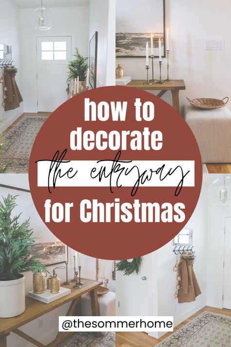 A warm and inviting Christmas entryway with tons of Christmas decorating ideas! Xmas Entryway Ideas, Christmas Entry Way Ideas, Christmas Entryway Bench, Entry Way Christmas Decor Ideas, Entryway Christmas Decor Entry Tables, Entrance Table Christmas Decor, Foyer Christmas Decor Entryway, Christmas Entryway Decor Front Entry, Entry Way Table Christmas Decor