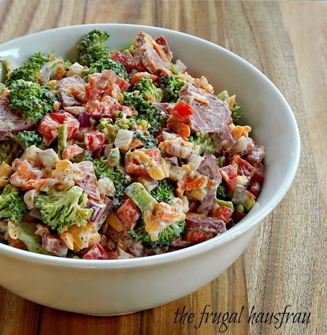 Best Salad in the World: Broccoli, bell pepper, red onion, cheese & salami sausage. It really IS excellent. Sausage Salad Recipe, Broccoli Red Pepper, Salami Recipes, Sausage Salad, The Best Salad, Best Salad, Cream Of Broccoli Soup, Summer Eats, Everything Good