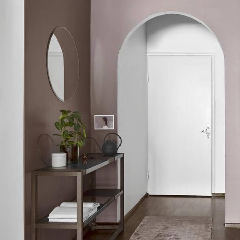 Mauve Entryway, Mauve Paint, Mauve Bathroom, Mauve Paint Colors, Plum Wall, Mauve Walls, Tv Rooms, Staircase Wall Decor, Gorgeous Homes