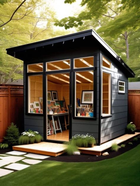 27 Backyard Sheds that Blend Functionality with Design - Peak Patio Life Storage For Art Supplies, Backyard Art Studio, Contemporary Sheds, Sheds Ideas Backyard, Sloped Roof, Office Shed, Shed Office, Garden Home Office, Art Shed