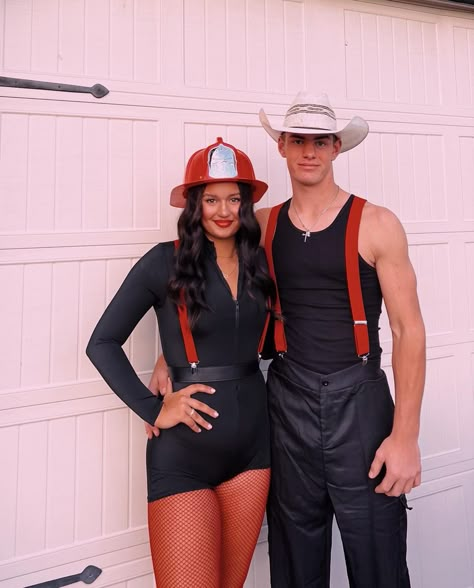 Guy Firefighter Costume, Firefighter Costume Man, Fire Fighter Couple Costume, Cop And Robber Costume Couple, Cop And Prisoner Costumes Couples, Firefighter Couple Costume, Couple Halloween Outfits, Matching Costumes For Couples, Couple Halloween Costumes Scary