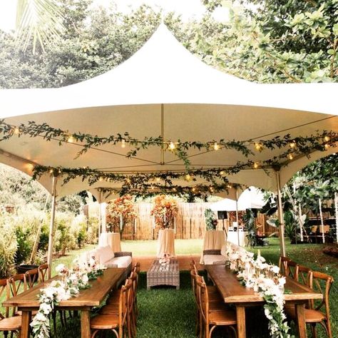 Kauai Tent 🎪 on Instagram: “Throwback Thursday #20x20marquee under the direction of @tietheknothawaii florals by @flowersbyemmakauai 📷credit: @abbyandlauren…” Bridal Shower Tent, Bridal Shower Inspo, Communal Table, Kauai Wedding, Shower Tent, 50th Party, Hawaiian Wedding, Maui Weddings, Outdoor Tent