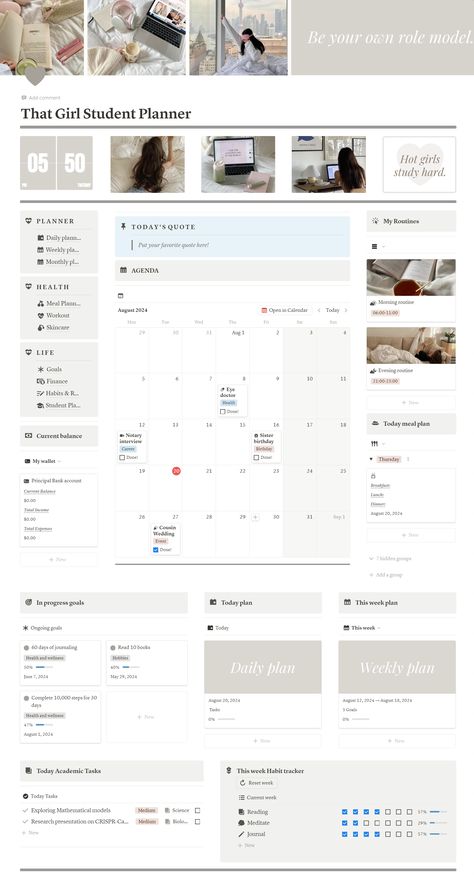 That Girl Student Planner Notion Dashboard in 2024 | Notions, Student dashboard, Student planner . #Journal_Night_Routine #Korean_Selfcare #Morning_Routine_Notion #Notion_University_Template Notion Hub Ideas, Aesthetic Notion Notes, Journal Notion Ideas, Productivity Tips Student, Notion Templates For College Students, Notion Assignment Tracker, Notion Grade Tracker, Notion Routine Ideas, Notion Setup Student