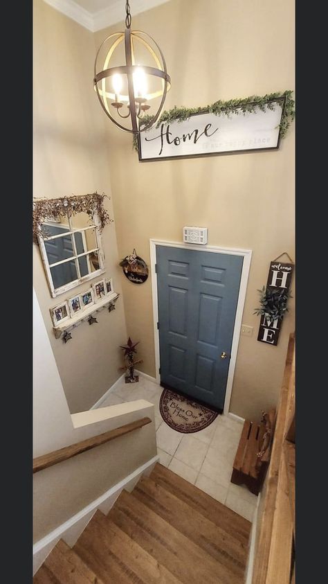 Above Front Door Decor Interior, Above Front Door Decor, Split Level Entry Remodel, Split Level Entryway Ideas, Split Foyer Entry, Small Foyer Ideas Entryway, Small Foyer Ideas, Split Level Home Designs, Split Level Entry