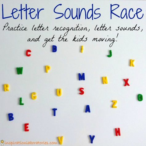 Letter Sounds Race - Practice letter recognition and letter sounds with a fun game that gets kids moving. Letter Sound Activities, Kindergarten Letters, Preschool Literacy, Teaching Letters, Preschool Letters, Letter Activities, Alphabet Preschool, Kindergarten Literacy, Phonics Activities