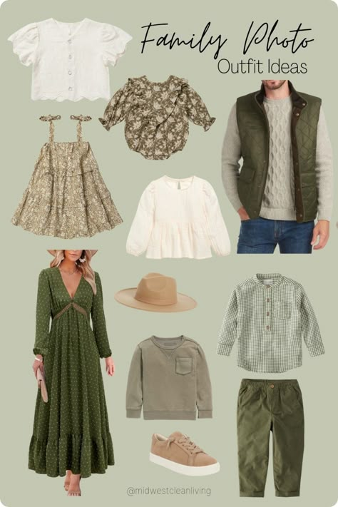 Family Photo Outfits Green And Brown, Beige And Sage Family Photos, Fall Family Pics Olive Green, Green Beige Family Photos, Green Cream Brown Family Photos Fall, Hat Outfit Fall, Fall Photo Outfits, Fall Family Outfits, Family Portrait Outfits