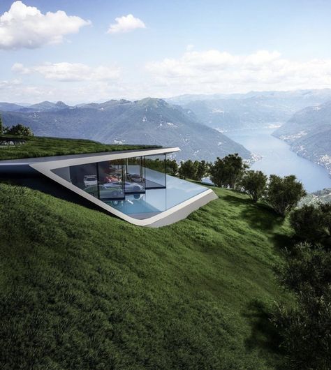 Villa In Mountain, Amazing Architecture Homes, Mountain Architecture Concept, Slope House Design Architecture, Green Architecture House, House On A Mountain, Villa Mountain, House On Mountain, House In Mountains