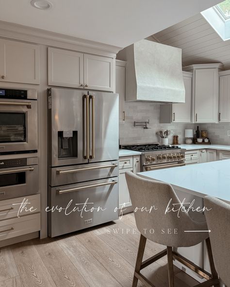 Swipe to see the evolution of our kitchen! 😍🤯 BEIGE ➡️ WHITE ➡️ ORIGINAL When we first bought this house, I wasn’t sure what my style would be and so I just went with white cabinets but now that we’ve been here for two years and I’m finding what my style is I really really wanted my kitchen to feel a little bit warmer and cozier. After I finished my garage workshop makeover, I could not stop dreaming about beige cabinets in our kitchen, so I decided to just go for it, and I could not be hap... Workshop Makeover, Half Bathroom Makeover, Shaker Style Cabinet Doors, Diy Sideboard, Wood Plank Ceiling, Beige Cabinets, Modern Farmhouse Diy, Plank Ceiling, Mosaic Tile Backsplash