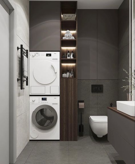 Washing Machines In Bathroom, Small Toilet Room With Washing Machine, Toilet With Washing Machine, Combined Laundry And Bathroom, Small Washroom Design, Stacked Laundry Room, Bathroom With Tub, Toilet Room Decor, Modern Small Bathrooms