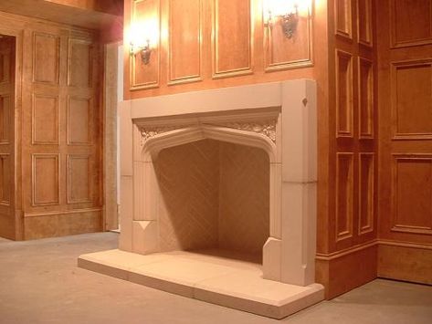 Tudor Artisans - Example Tudor Paneling Tudor Paneling, Tudor Interior, Tudor Decor, Hidden Tv Cabinet, Arched Interior Doors, Recessed Cabinet, Old Manor, Limestone Fireplace, Plaster Ceiling