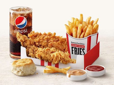 KFC Adds New Tenders & Fries Meal Deal to Its Menu - Thrillist Kfc Chicken Tenders, Kfc Fries, Gluten Free Meals, Honey Bbq Sauce, Kfc Chicken, Fast Food Items, Fountain Drink, Doner Kebab, Kentucky Fried