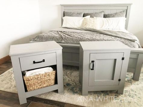 DIY nightstand w/ drawer Diy Farmhouse Bed King, King Farmhouse Bed, Full Bedroom Furniture Sets, King Size Bed Frame Diy, Diy King Bed Frame, Diy King Bed, Diy Farmhouse Bed, Headboard Plan, Farmhouse Bed Frame