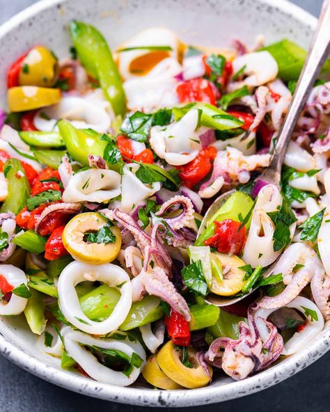 Calamari Salad, Squid Salad, Feast Of The Seven Fishes, Calamari Recipes, Squid Recipes, Italian Seafood Recipes, Seven Fishes, Celery Green, Fish Salad