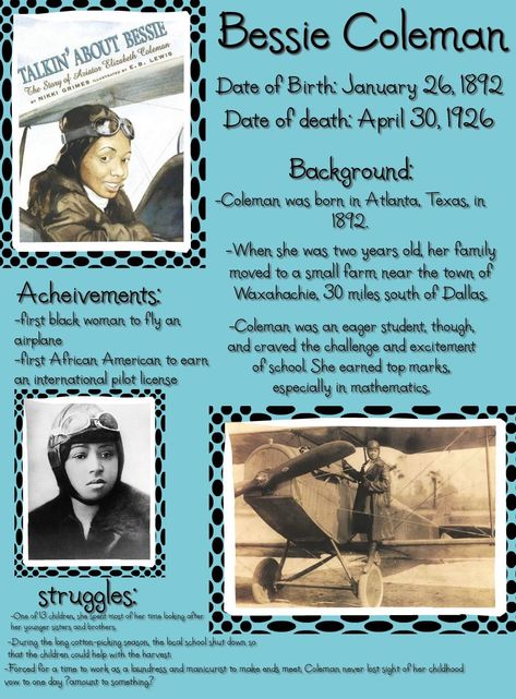 Bessie Coleman Activities, Jackie Robinson Project, Woman Pilot, School Tricks, Legendary Women, Bessie Coleman, Diet Journal, African American History Month, English Projects