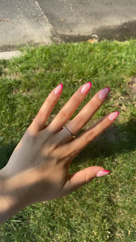 Hot Pink Dress Nail Ideas, Hot Pink Tip Nails Almond, Subtle Hot Pink Nails, Natural Hot Pink Nails, Makeup Look For Hot Pink Dress, Hot Pink Bachelorette Nails, Holiday Nails Summer 2023 Pink, Nails That Go With Pink Dress, Nails For Pink Dress Prom