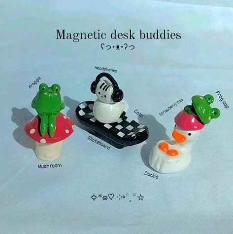 Magnetic desk friends 🥹🥹 ∘⁠˚⁠˳⁠°～｡⁠☆ Match with bestie? DM to order😖💗 Skateboard cato 🐈 Mushroom froggie🐸 Frog/Strawberry duckie🍓 They all are handmade with clay, coated with paint and secured in Resin 😙🍓 Keywords: Handmade, handmade clay charms, handmade beaded jewelry, beaded jewelry, clay buddies, clay desk friends, air dry clay, polymer clay, clay charms Clay Skateboard, Frog Strawberry, Jewelry Clay, Desk Buddy, Clay Clay, Clay Polymer, Cute Clay, Jewelry Beaded, Handmade Beaded Jewelry