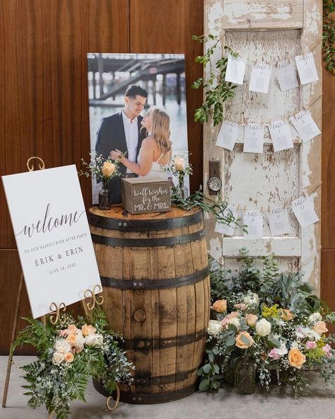 Rustic Barrel Wedding Decor, Wedding Welcome Sign Wine Barrel, How To Decorate Wine Barrels For Wedding, Country Venue Wedding, Welcome Table Wedding Entrance Rustic, Barrel Wedding Decor Entrance, Wedding Barrel Ideas, Barrels Wedding Decorations, Rustic Wine Barrel Wedding Decor