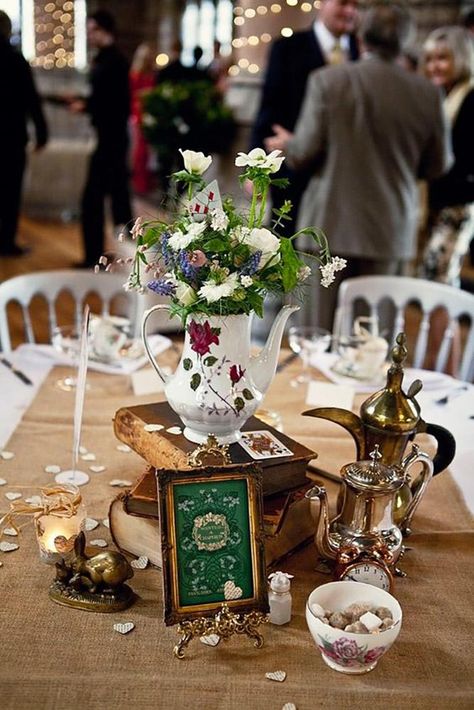 steampunk wedding decorations table decor Cassandra Lane Photography Vintage Wedding Decorations Elegant, Steampunk Wedding Decorations, Book Wedding Centerpieces, Mad Hatter Wedding, Afternoon Tea Wedding, Round Wedding Tables, Alice In Wonderland Wedding, Garden Theme Wedding, Tea Party Wedding